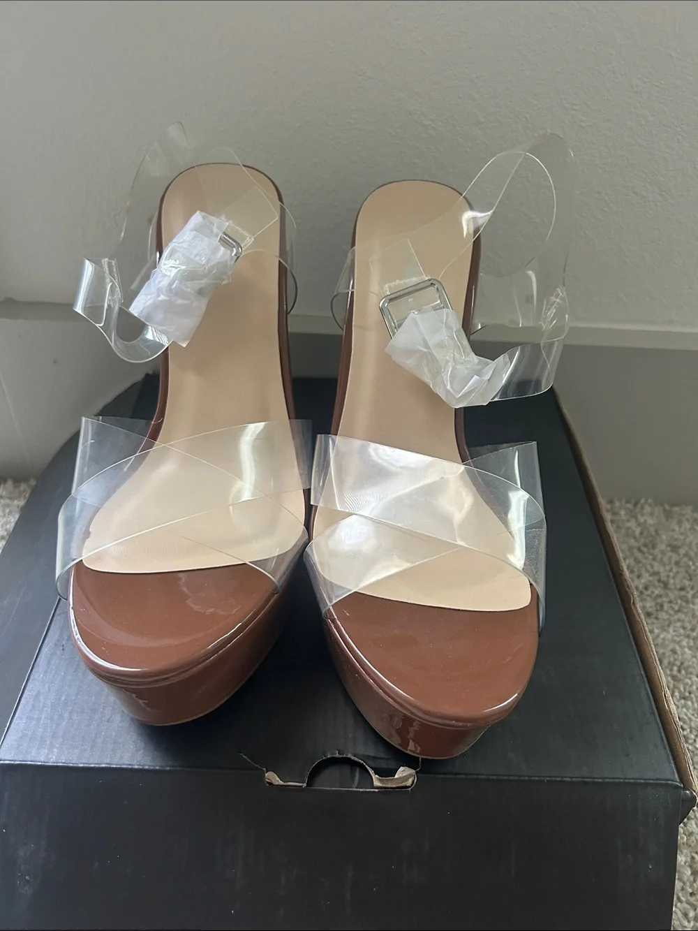 Fashion Nova Clear Strap Platform Sandals in Brown
